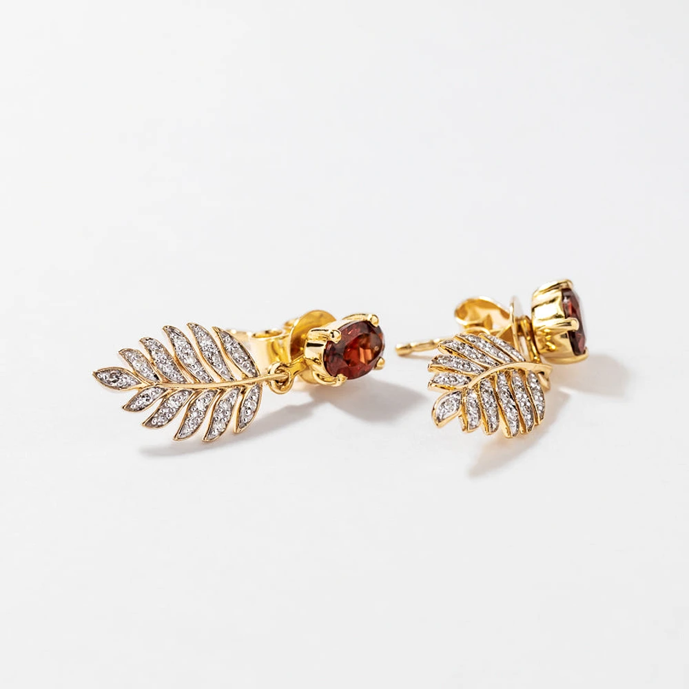 Garnet Earrings with Diamond Leaf in 10K Yellow Gold