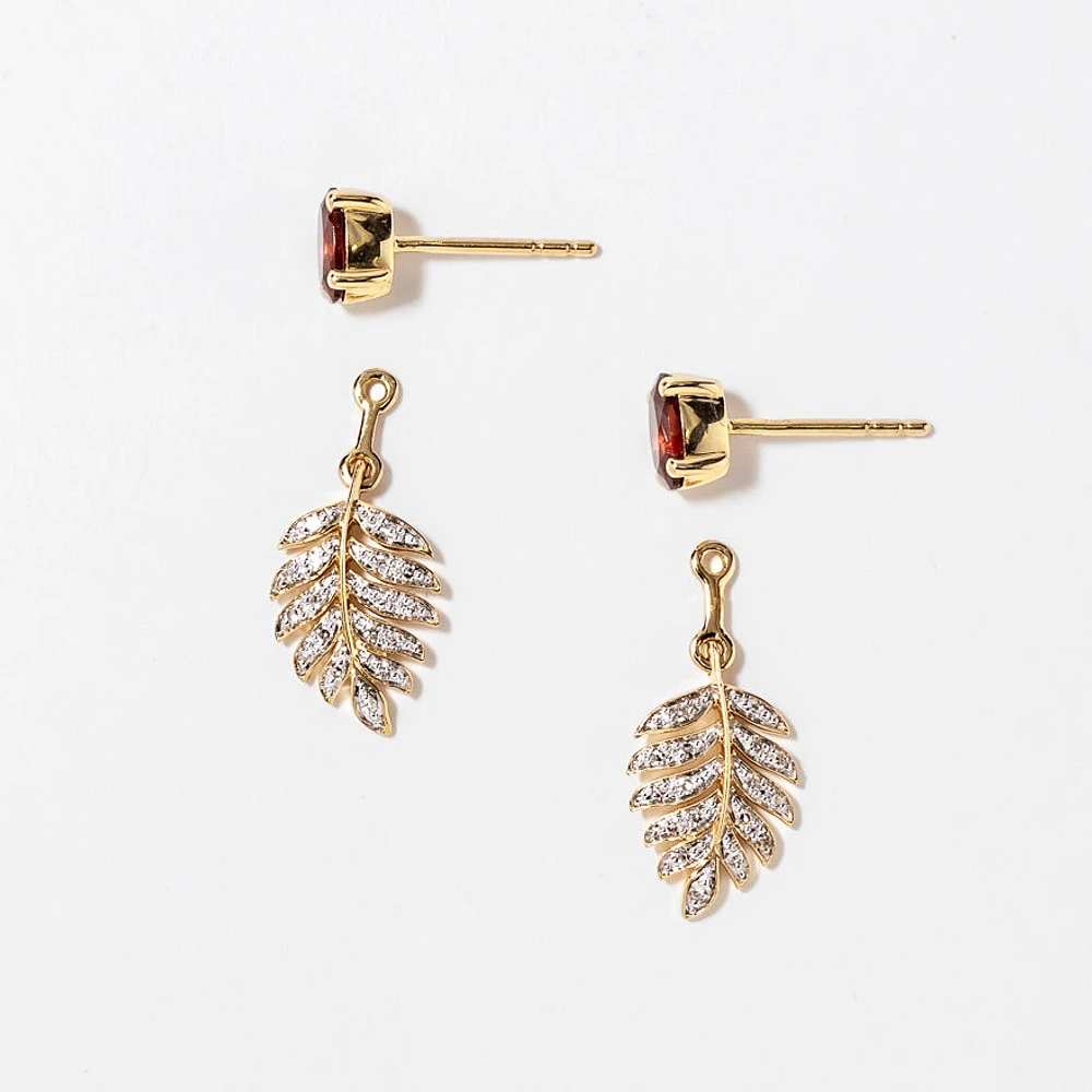 Garnet Earrings with Diamond Leaf in 10K Yellow Gold