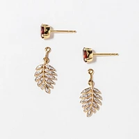 Garnet Earrings with Diamond Leaf in 10K Yellow Gold