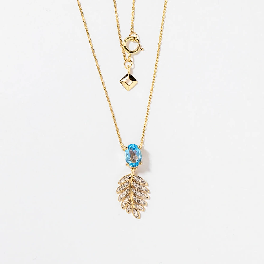 Blue Topaz Necklace with Diamond Leaf in 10K Yellow Gold