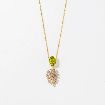 Peridot Necklace with Diamond Leaf in 10K Yellow Gold
