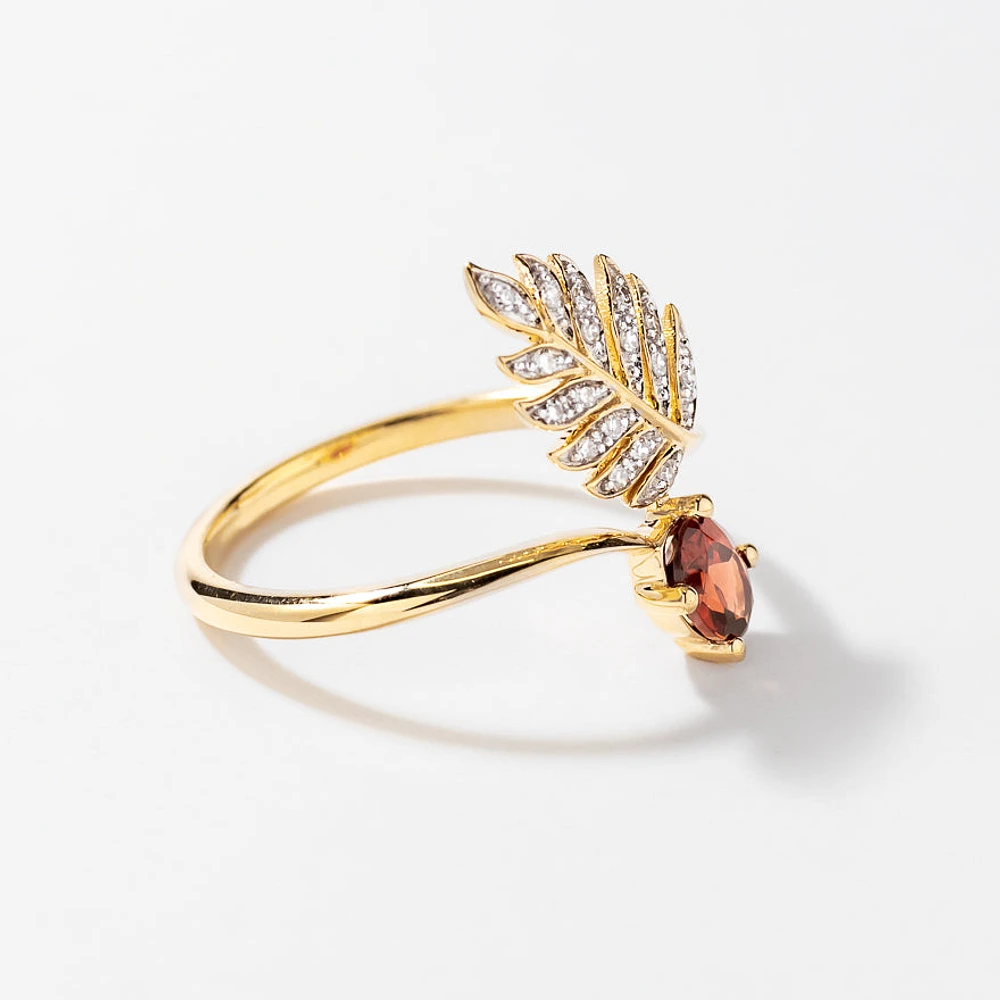 Garnet Ring with Diamond Leaf 10K Yellow Gold