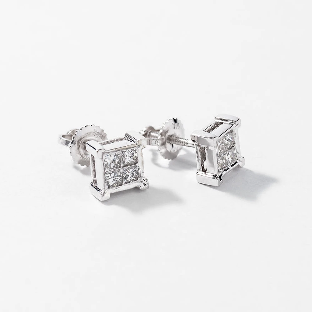 Princess Cut Diamond Cluster Stud Earrings in 14K White Gold (0.50 ct