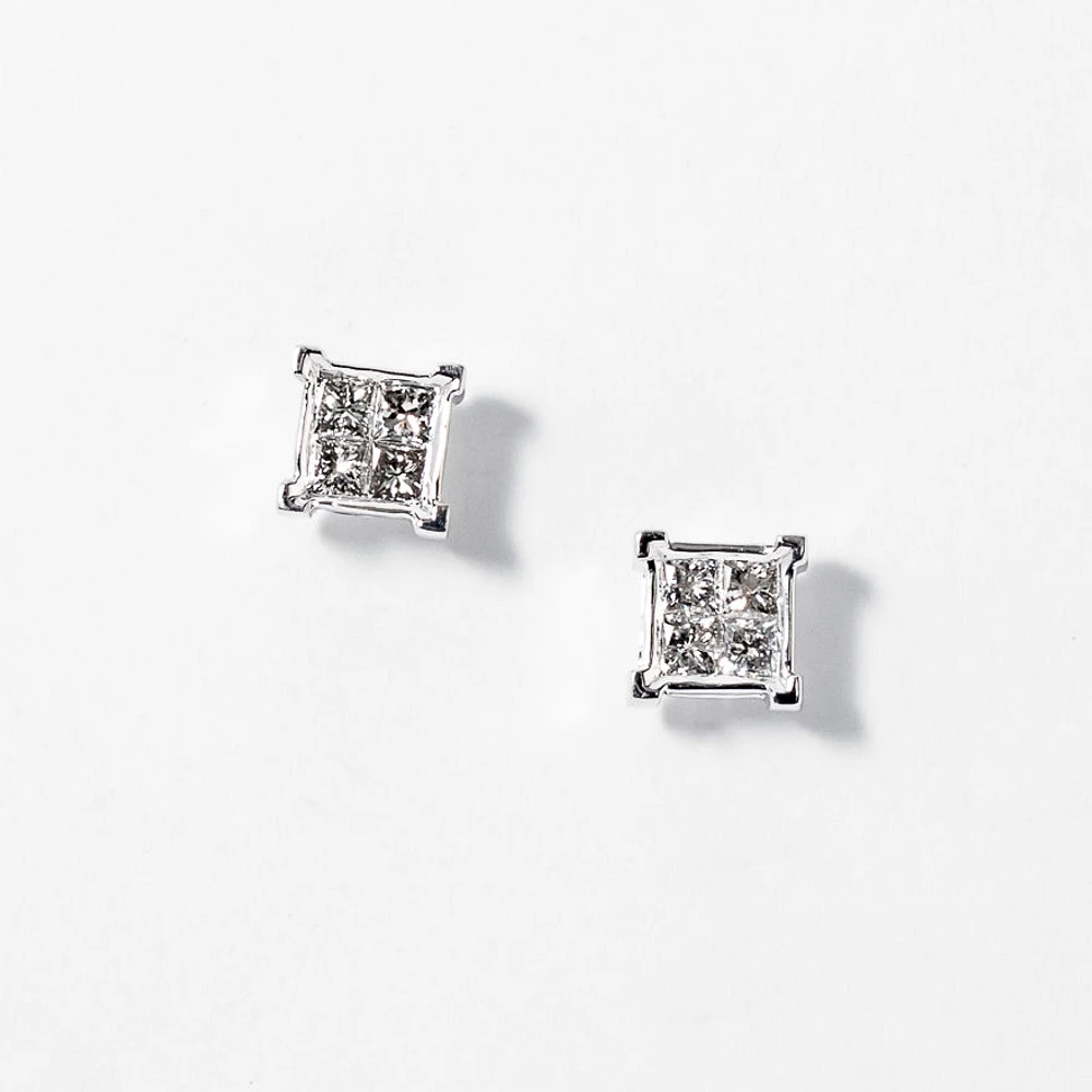 Princess Cut Diamond Cluster Stud Earrings in 14K White Gold (0.50 ct
