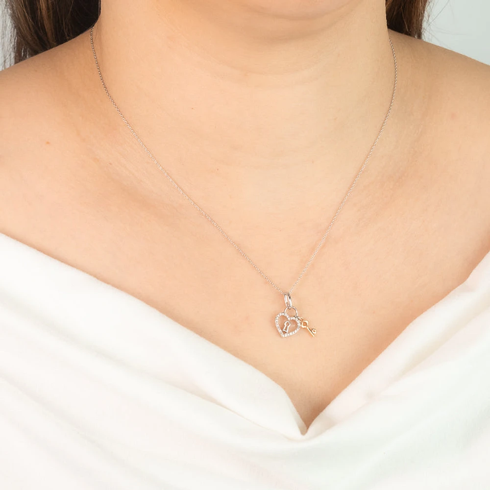 Diamond Lock and Key Necklace in 10K Yellow and White Gold (0.05 ct tw