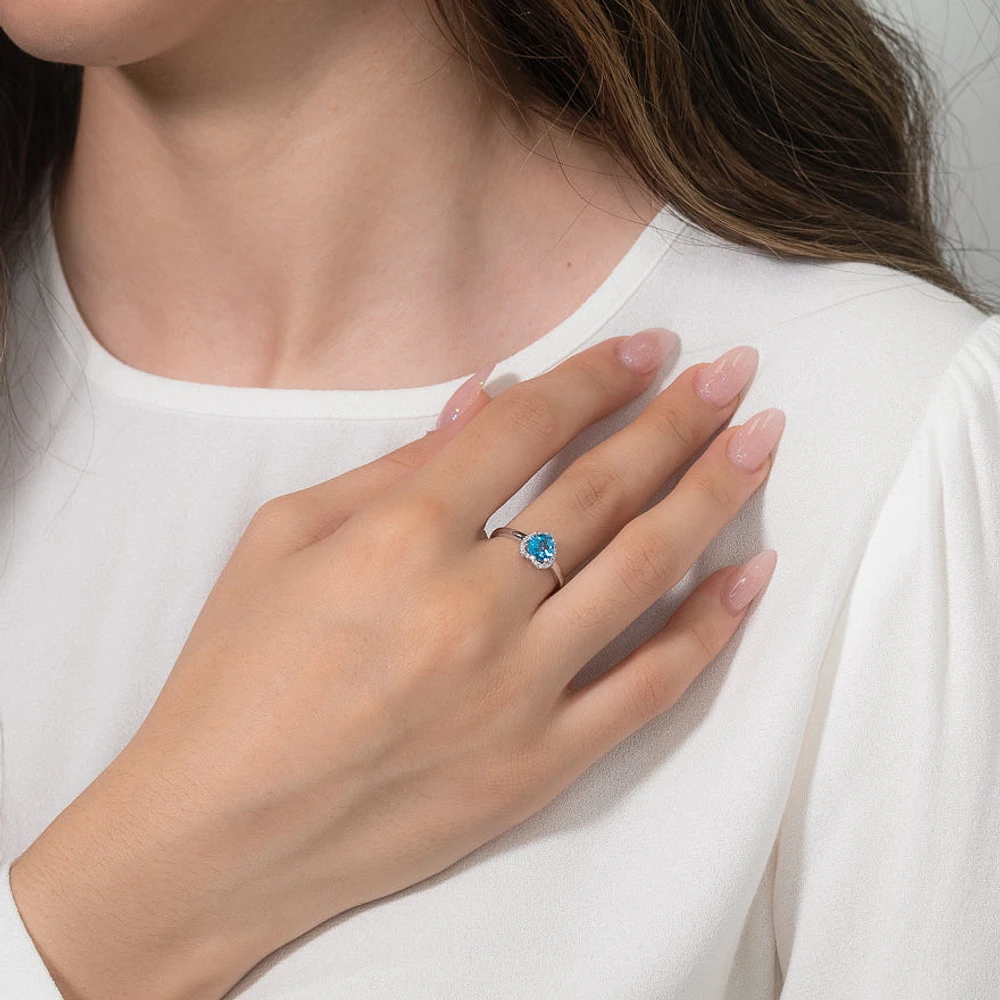 Heart Shape Blue Topaz Ring With Diamond Accents 10K White Gold