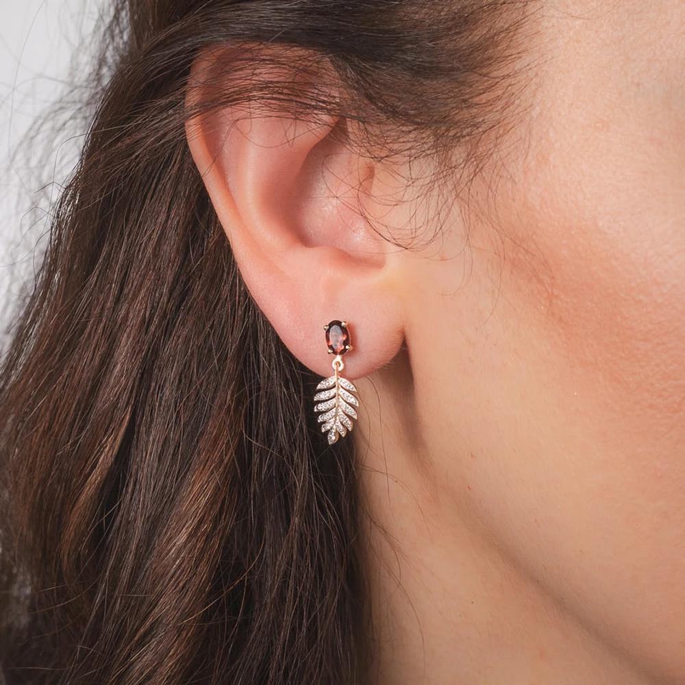 Garnet Earrings with Diamond Leaf in 10K Yellow Gold