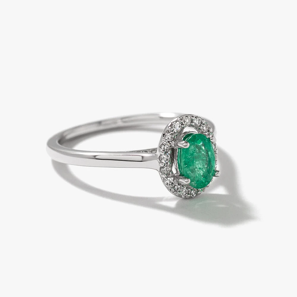 Oval Emerald and Diamond Halo Ring 10K White Gold (0.12 ct tw)