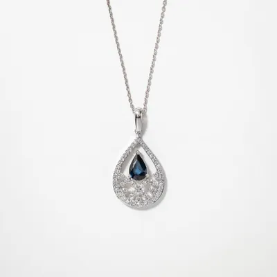 Sapphire Necklace With Diamond Cluster Accent in 10K White Gold
