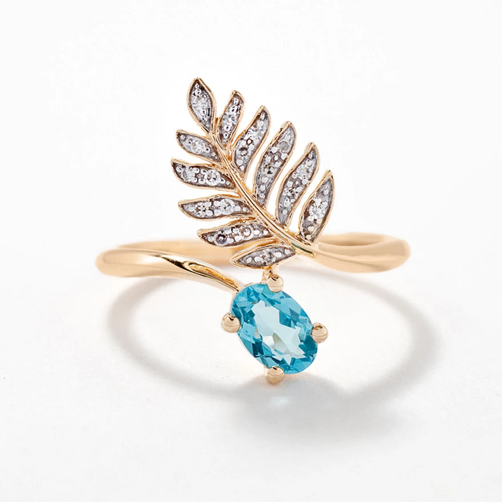 Blue Topaz Ring with Diamond Leaf 10K Yellow Gold