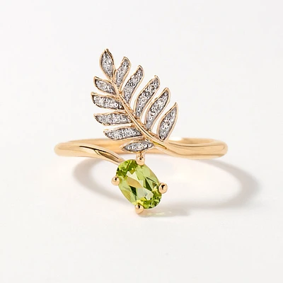 Peridot Ring with Diamond Leaf 10K Yellow Gold