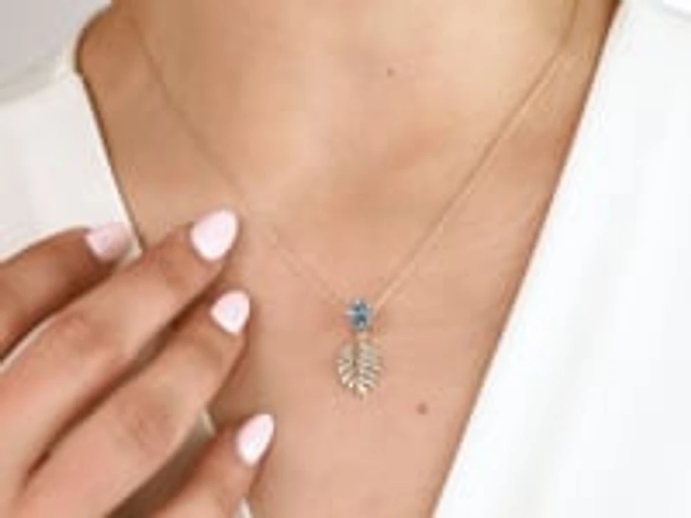 Blue Topaz Necklace with Diamond Leaf in 10K Yellow Gold