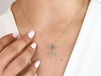 Blue Topaz Necklace with Diamond Leaf in 10K Yellow Gold