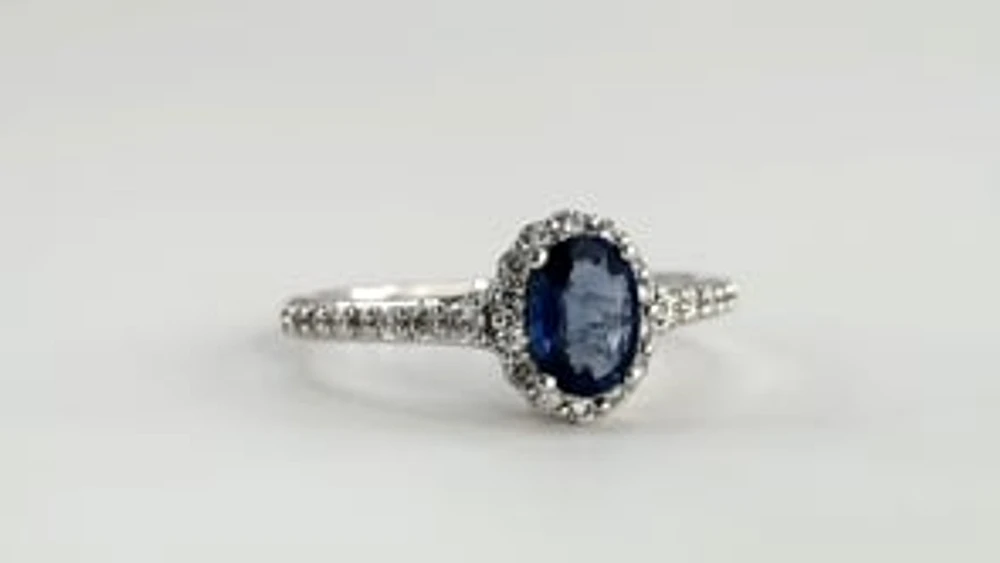 Oval Sapphire and Diamond Halo Ring 14K White Gold (7x5mm)