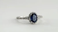 Oval Sapphire and Diamond Halo Ring 14K White Gold (7x5mm)