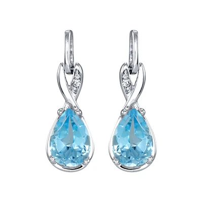 Pear Shaped Blue Topaz Diamond Dangle Earrings in 10K White Gold