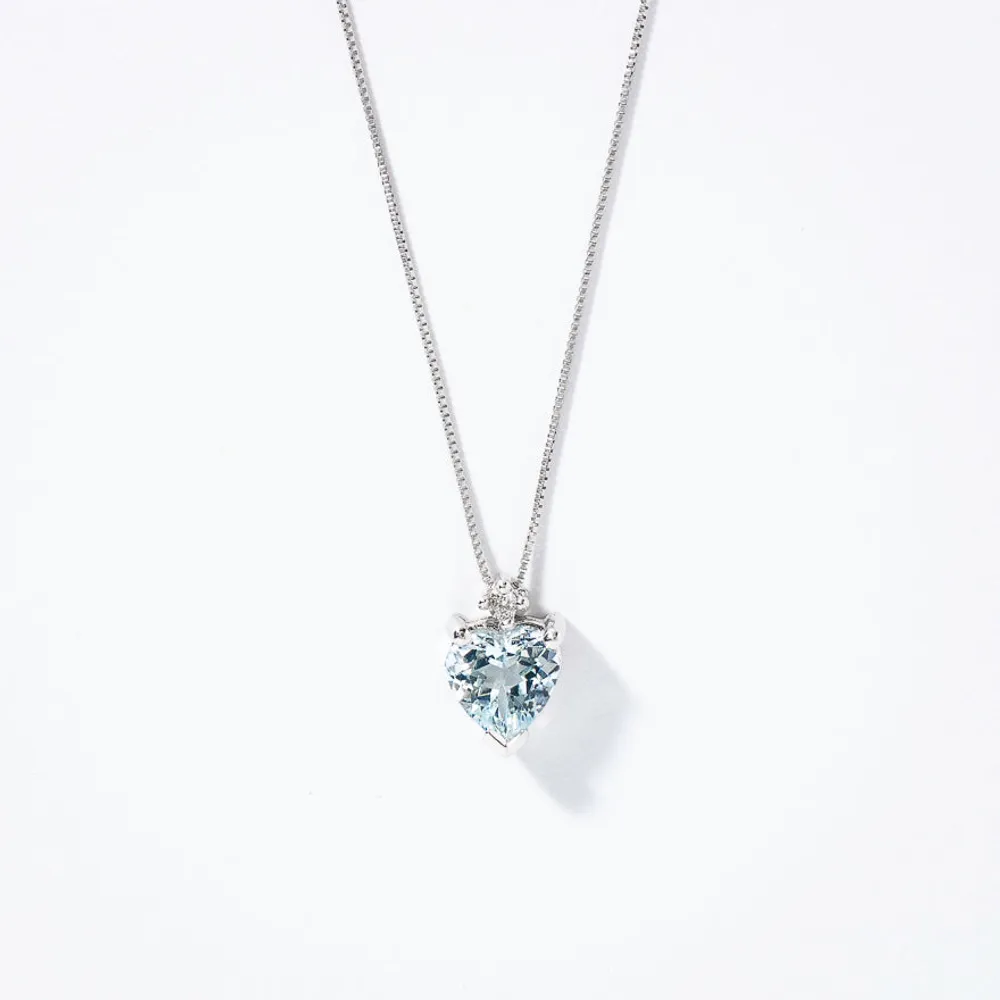 Heart Shaped Aquamarine Necklace with Diamond Accent in 10K White Gold