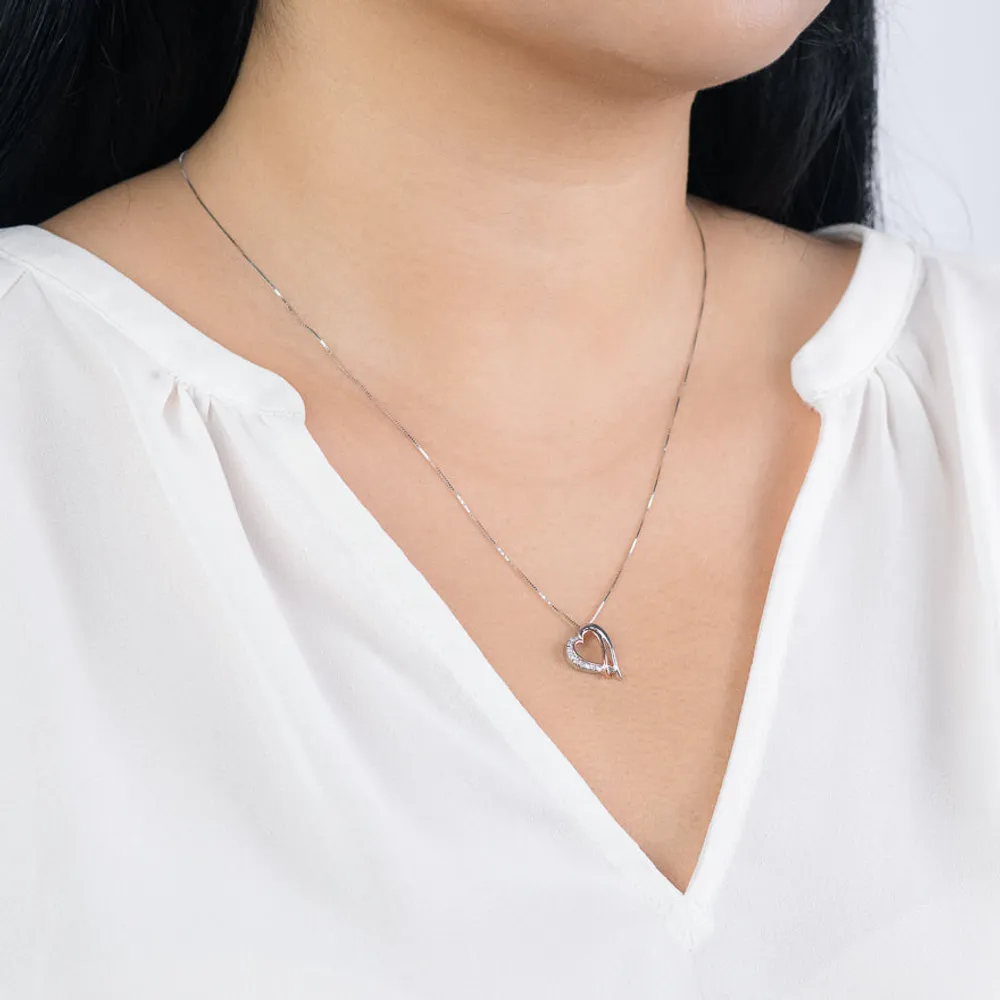 Two-Tone Double Heart Diamond Necklace in 10K White and Rose Gold (0.0