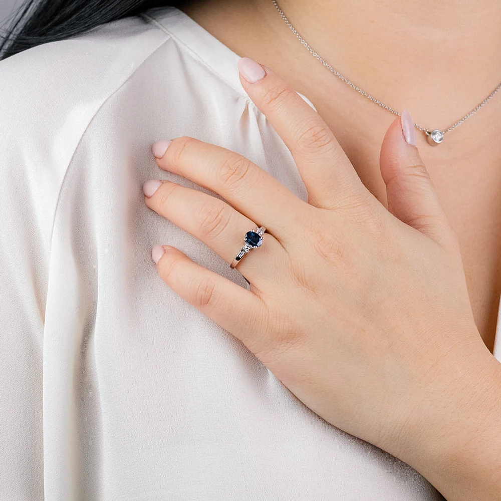 Oval Blue Sapphire and Diamond Ring 10K White Gold (0.08ct tw)