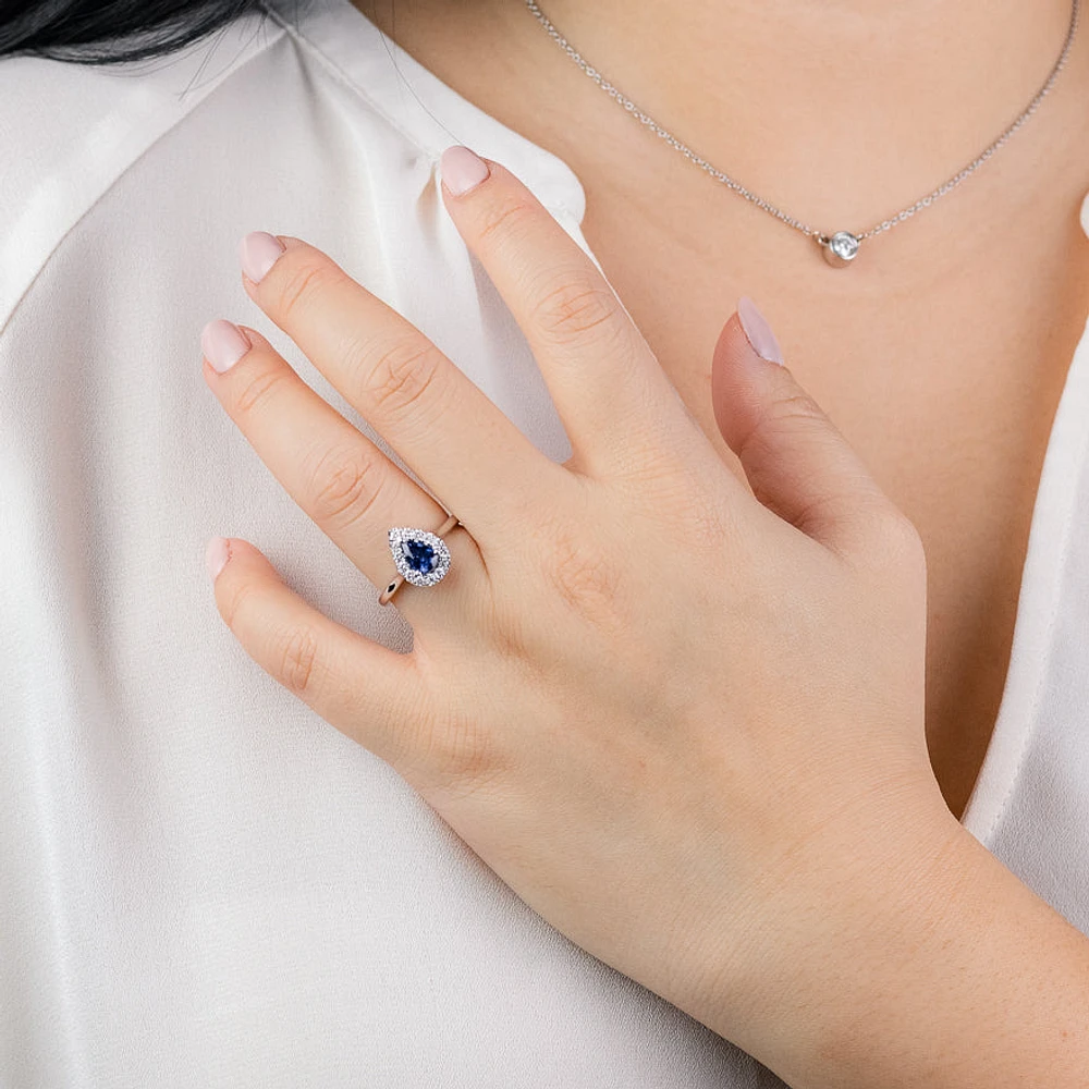 Pear Shape Sapphire and Diamond Halo Ring 14K White Gold