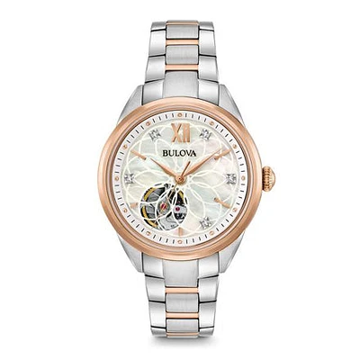 Bulova Women's Two-Tone Automatic Exhibition Back Diamond Dial Watch |