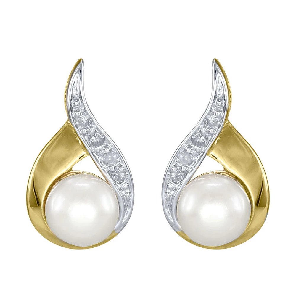 Cultured Pearl Diamond Earrings in 10K Yellow Gold