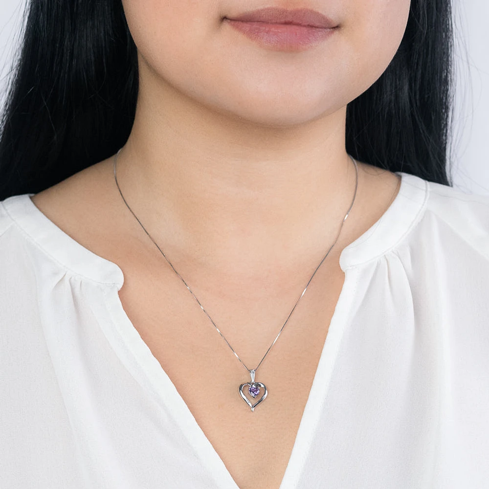Heart Shaped Amethyst Diamond Necklace in 10K White Gold