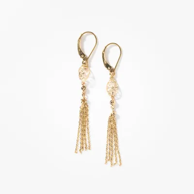 Open Leaf Tassel Drop Earrings in 10K Yellow Gold