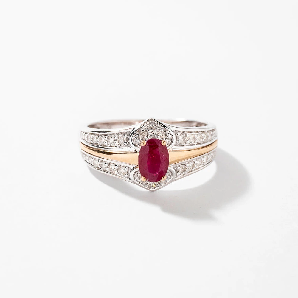 Oval Ruby Ring with Diamond Accents 10K Yellow and White Gold