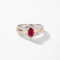 Oval Ruby Ring with Diamond Accents 10K Yellow and White Gold