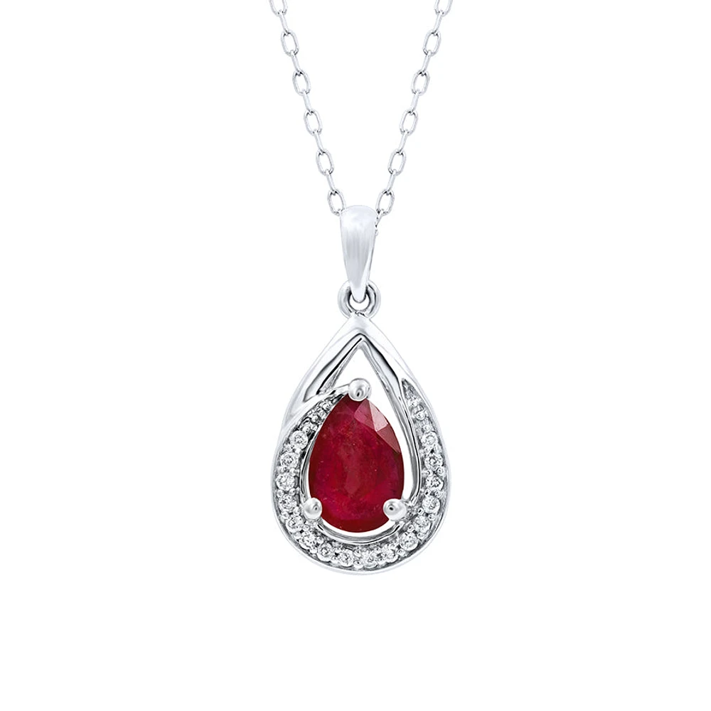 Ruby Pendant Necklace With Diamond Accents in 10K White Gold