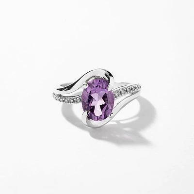 Oval Amethyst Ring With Diamond Accents 10K White Gold