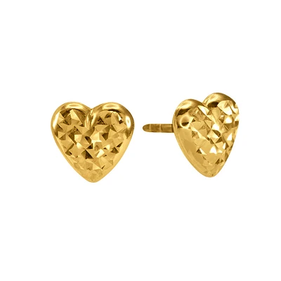 Puffed Heart Diamond Cut Stud Earrings in 10K Yellow Gold