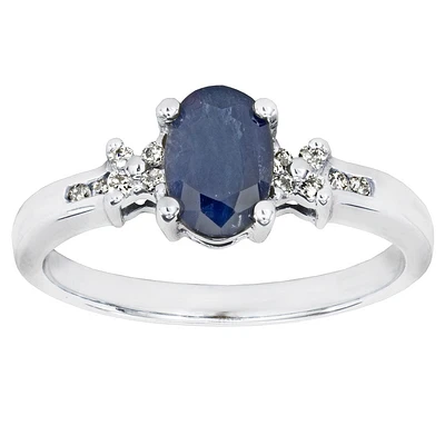 Oval Blue Sapphire and Diamond Ring 10K White Gold (0.08ct tw)