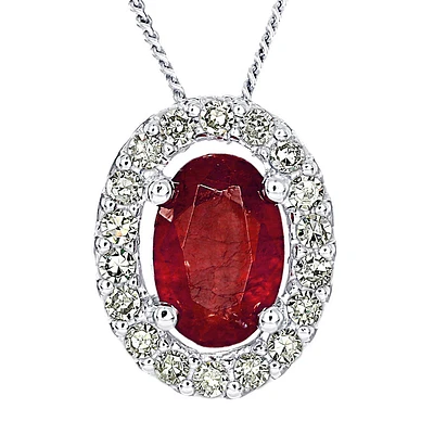 Oval Ruby and Diamond Halo Necklace in 10K White Gold (0.12ct tw)