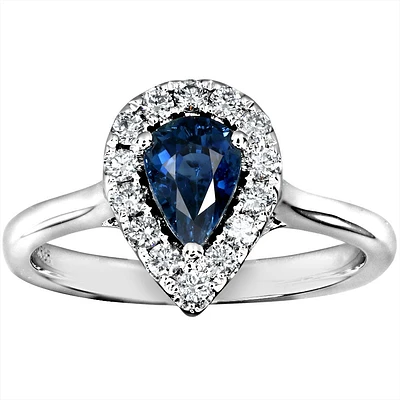 Pear Shape Sapphire and Diamond Halo Ring 14K White Gold
