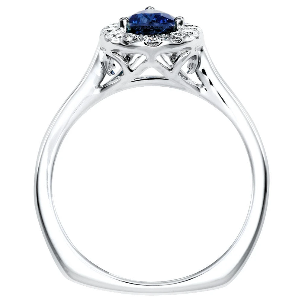 Pear Shape Sapphire and Diamond Halo Ring 14K White Gold