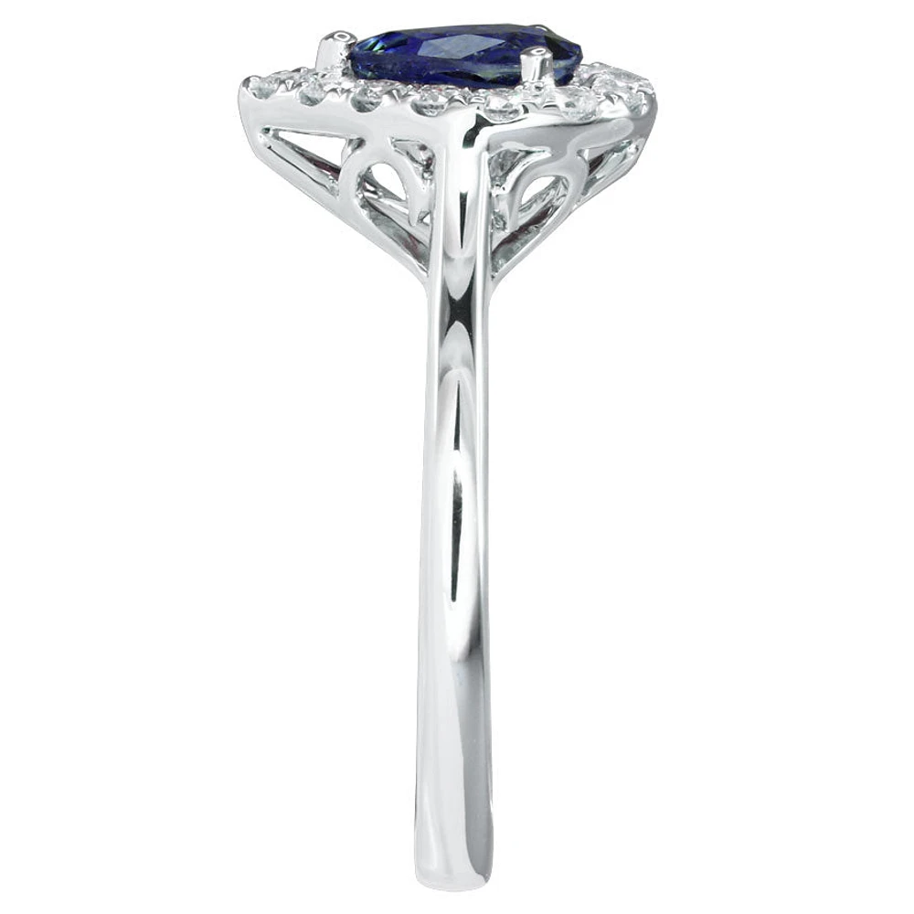 Pear Shape Sapphire and Diamond Halo Ring 14K White Gold