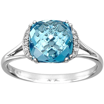 Rose Cut Blue Topaz and Diamond Ring 10K White Gold (0.04ct tw)
