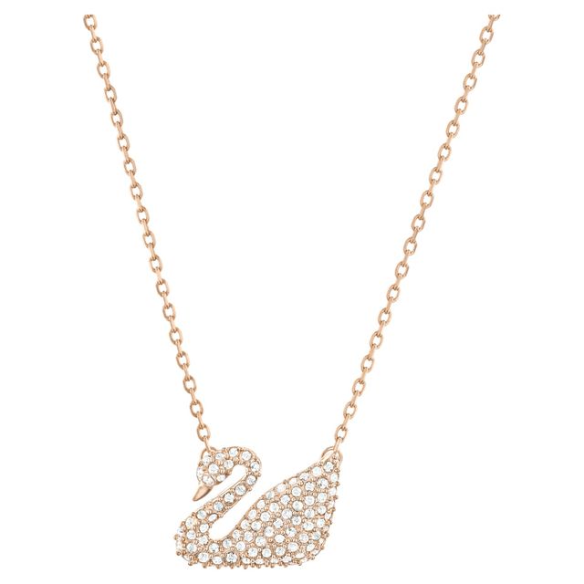 Swan necklace, Swan, White, Rose-gold tone plated
