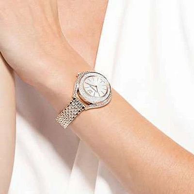 Crystalline aura watch, Swiss Made, Metal bracelet, Rose gold tone, Rose gold-tone finish by SWAROVSKI