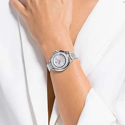 Crystalline aura watch, Swiss Made, Metal bracelet, Silver tone, Stainless steel by SWAROVSKI