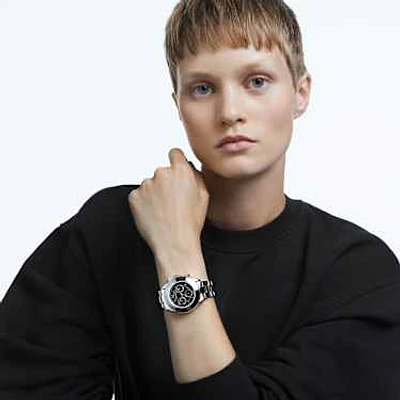 Octea lux sport watch, Swiss Made, Metal bracelet, Black, Stainless steel by SWAROVSKI