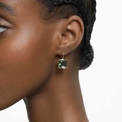 Millenia drop earrings, Square cut, Green, Gold-tone plated by SWAROVSKI