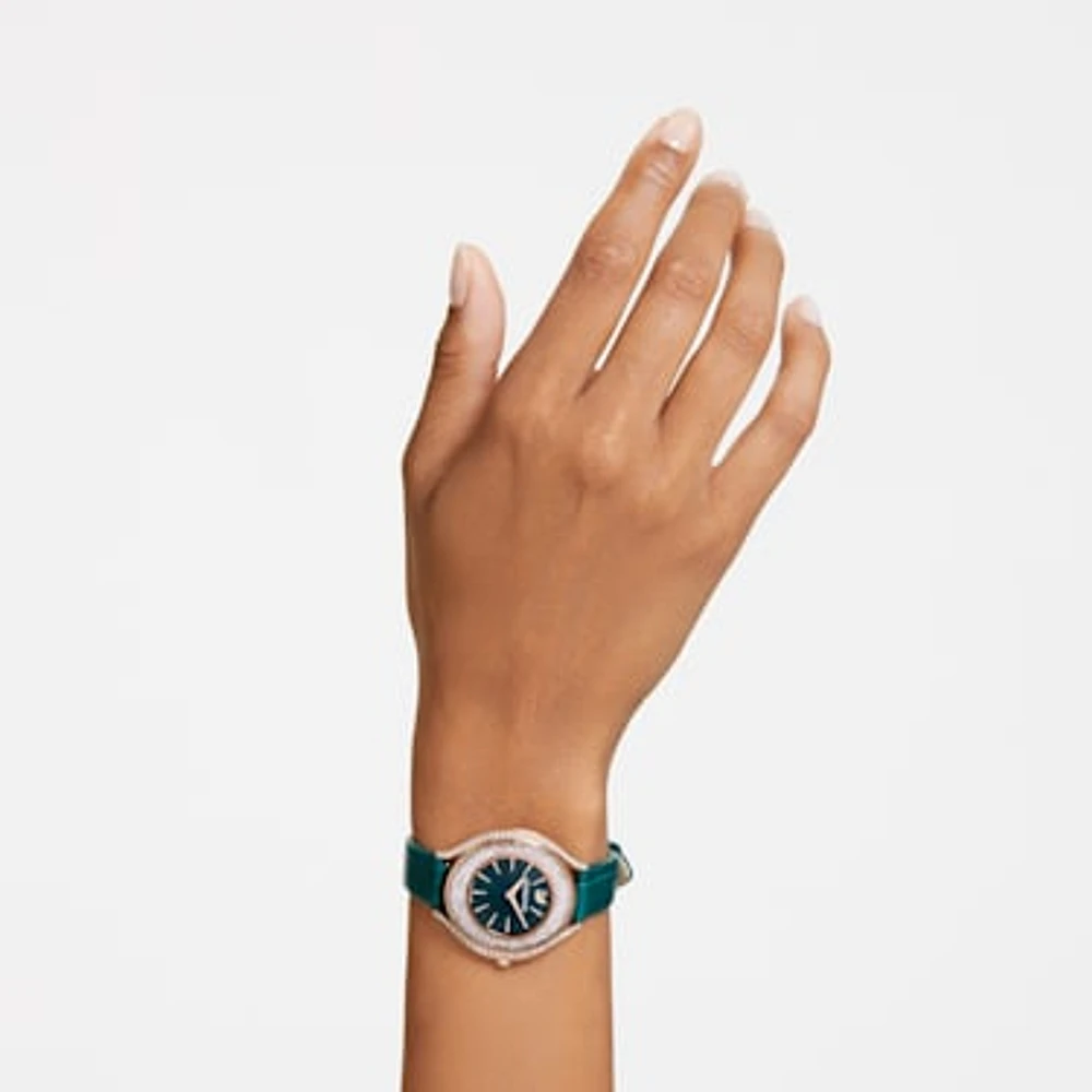 Crystalline aura watch, Swiss Made, Leather strap, Green, Rose gold-tone finish by SWAROVSKI