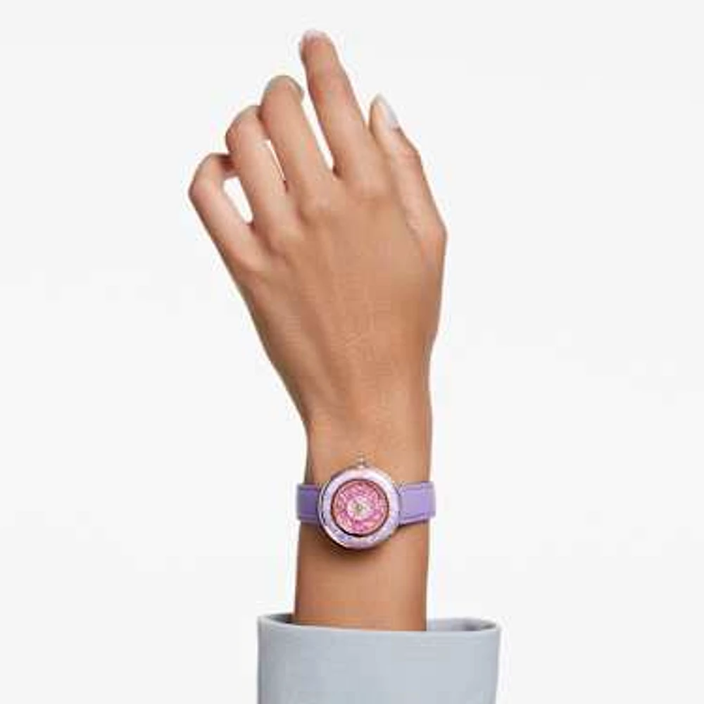Crystalline lustre watch, Swiss Made, Leather strap, Purple, Rose gold-tone finish by SWAROVSKI
