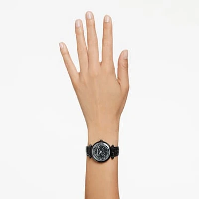 Crystalline Wonder watch, Swiss Made, Leather strap, Black, Black finish by SWAROVSKI