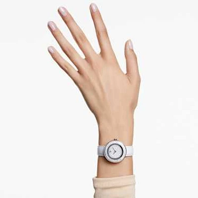 Crystalline lustre watch, Swiss Made, Leather strap, White, Stainless steel by SWAROVSKI