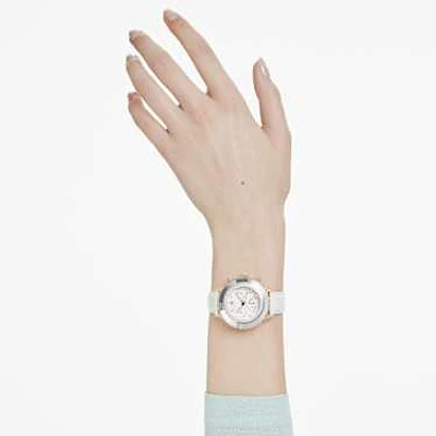 Octea chrono watch, Swiss Made, Leather strap, White, Rose gold-tone finish by SWAROVSKI