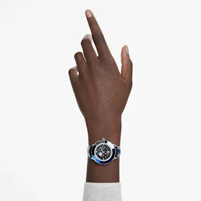 Octea moon watch, Swiss Made, Moon, Leather strap, Blue, Stainless steel by SWAROVSKI